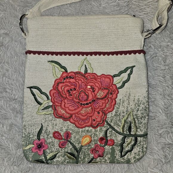 Embroidered Pink Rose Linen Crossbody Bag Purse Sequin Floral Metallic New - Picture 2 of 10